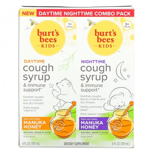 Burt's Bees, Kids, Сироп от кашля днем / ночью и поддержка иммунитета, комбинированная упаковка, натуральный виноград, 2 упаковки, 4 жидких унции (118 мл) каждая Burt's Bees, Kids, Сироп от кашля днем / ночью и поддержка иммунитета, комбинированная упаковка, натуральный виноград, 2 упаковки, 4 жидких унции (118 мл) каждая